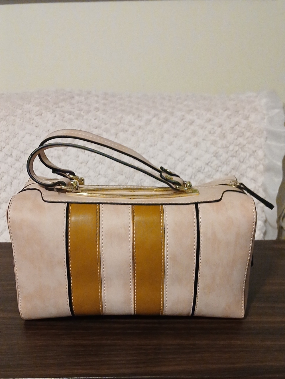 Women's Pink  and Brown Striped Satchel Handbag